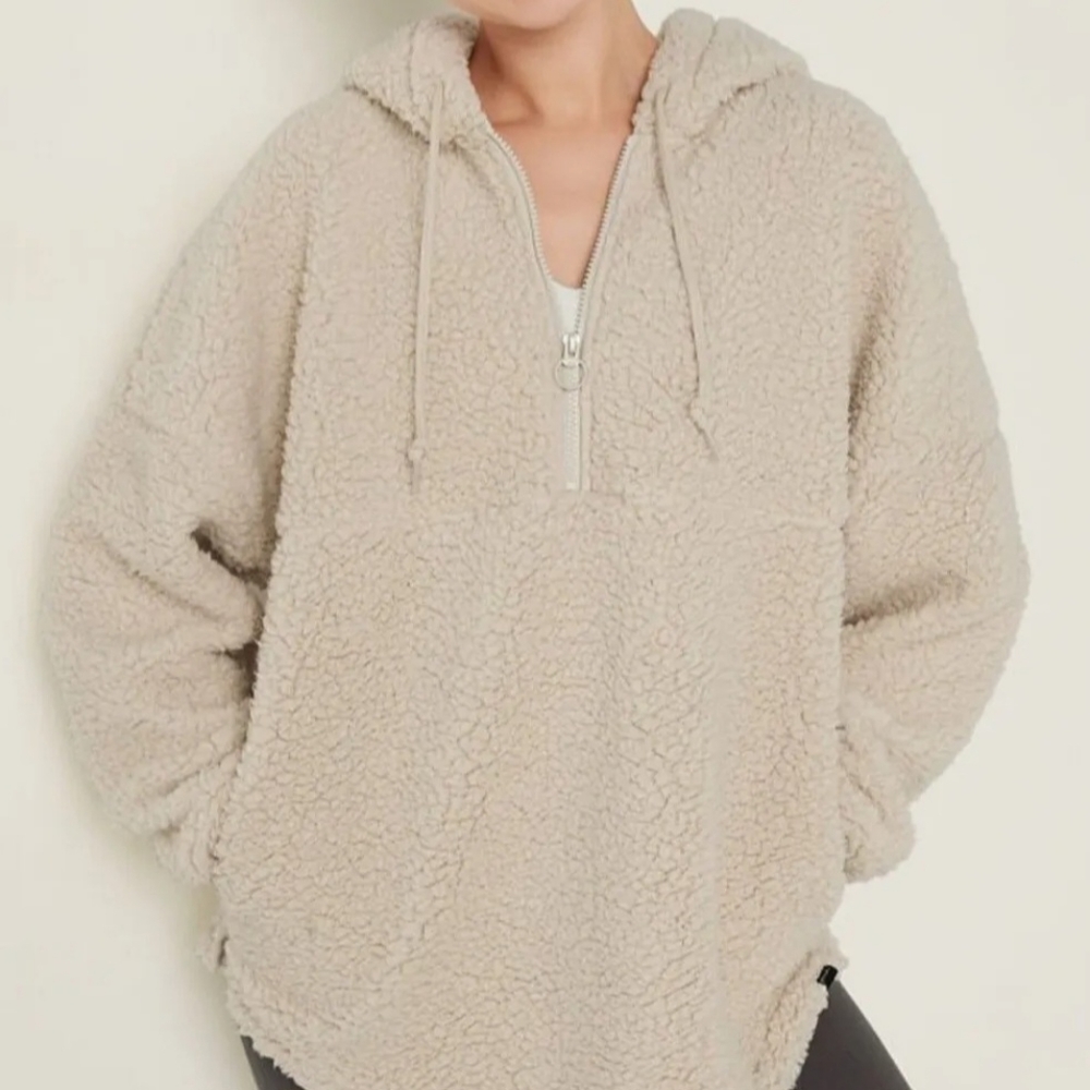 Victoria's Secret PINK Varsity Sherpa Half Zip Pullover Hoodie sz L NWTS! Beige